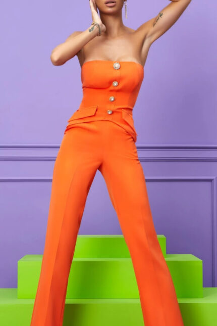 compleu dama portocaliu top si pantaloni cu talie inalta