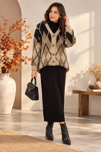compleu dama tricotat rochie neagra si cardigan