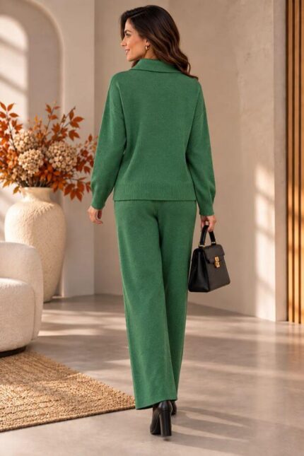 compleu verde tricotat cu pantalon si bluza