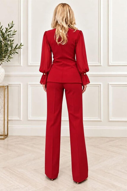costum de seara rosu dama cu pantaloni